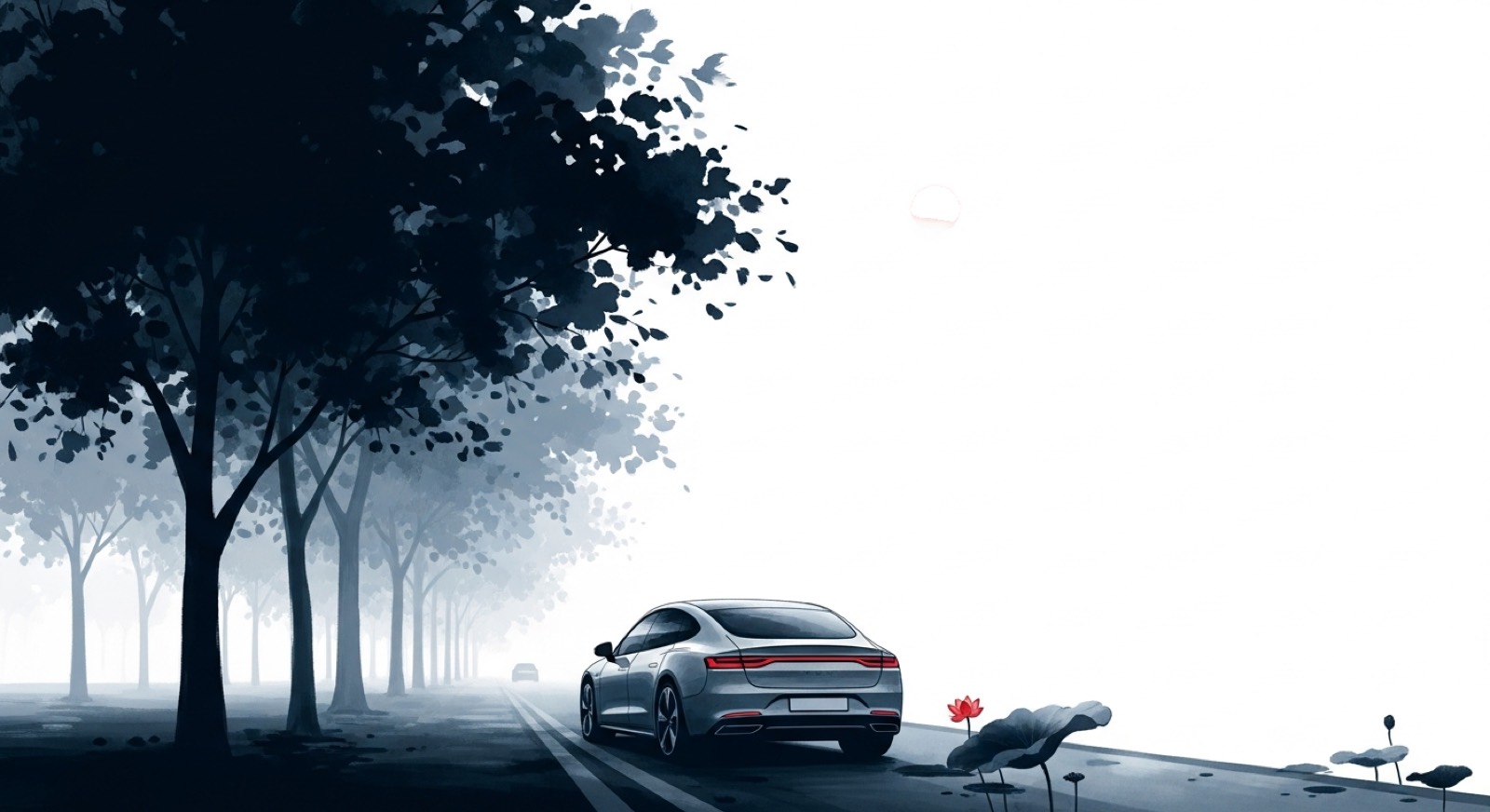 A car waiting on a misty Saigon boulevard, ink-wash