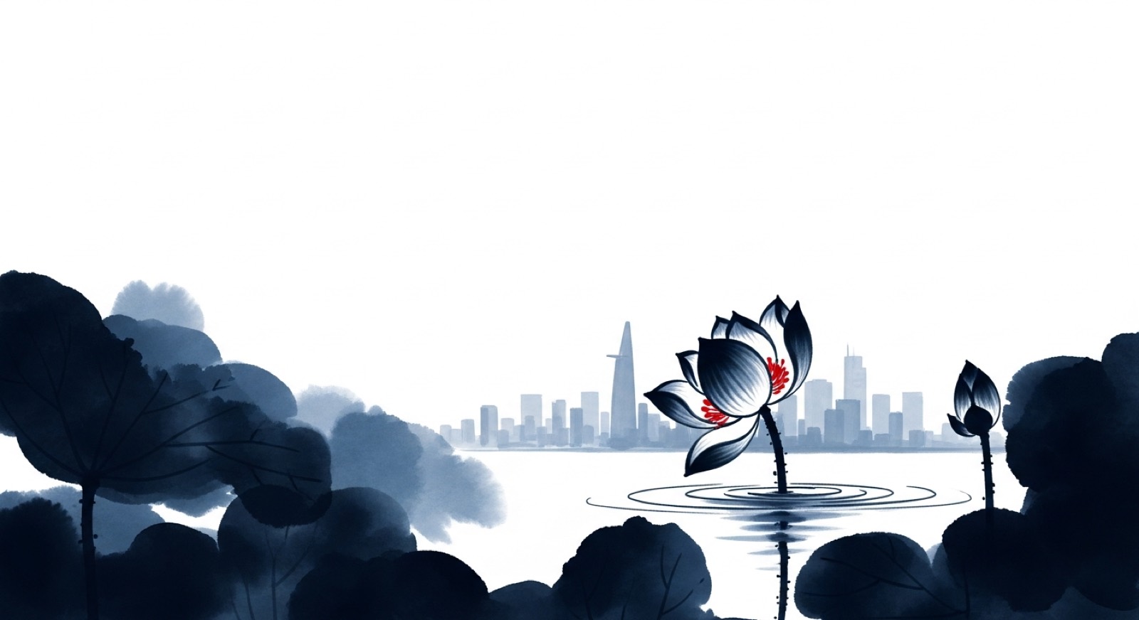 A lotus opening over the Saigon skyline, ink-wash