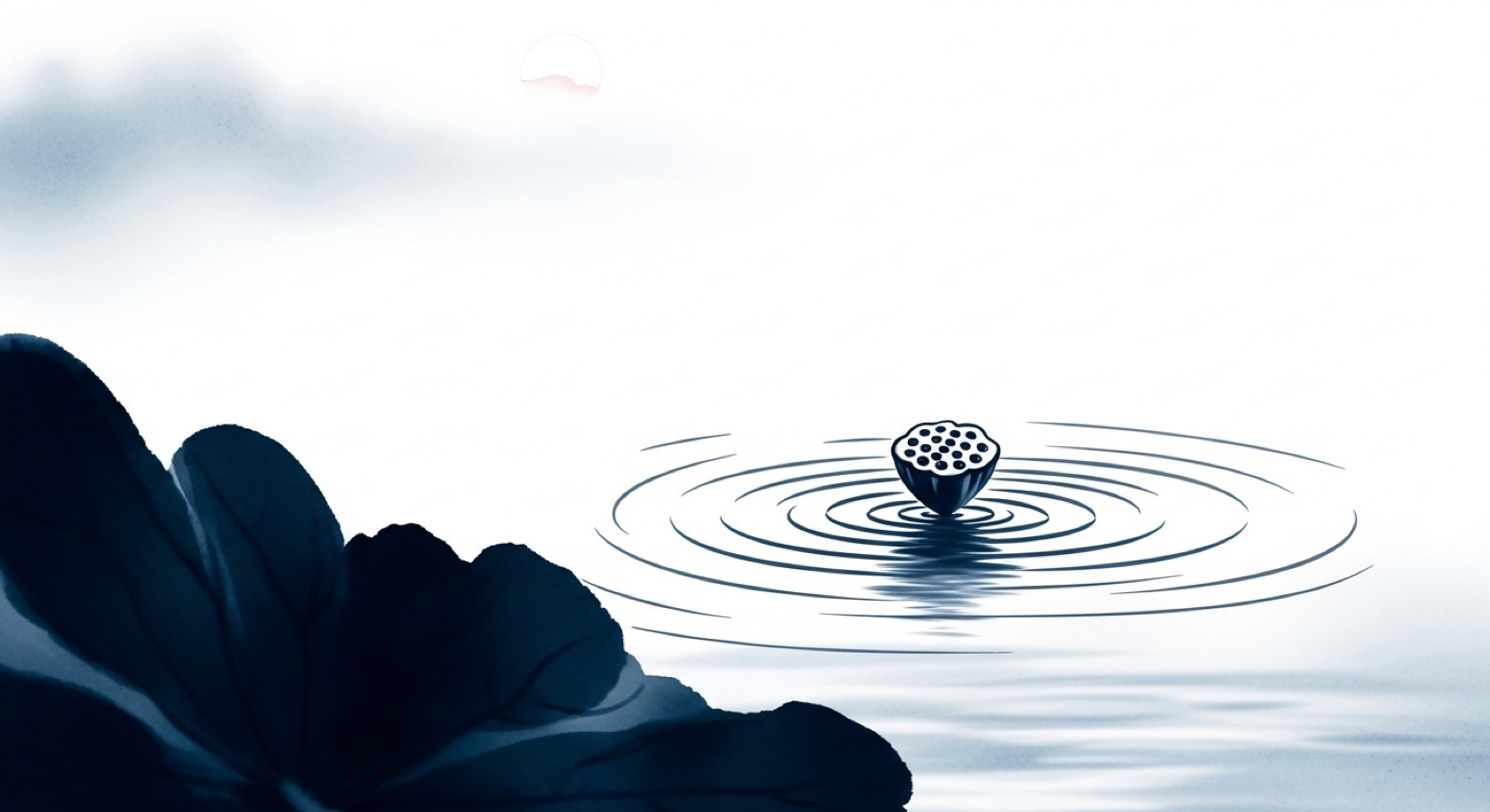Ripples multiplying from a lotus seed, ink-wash