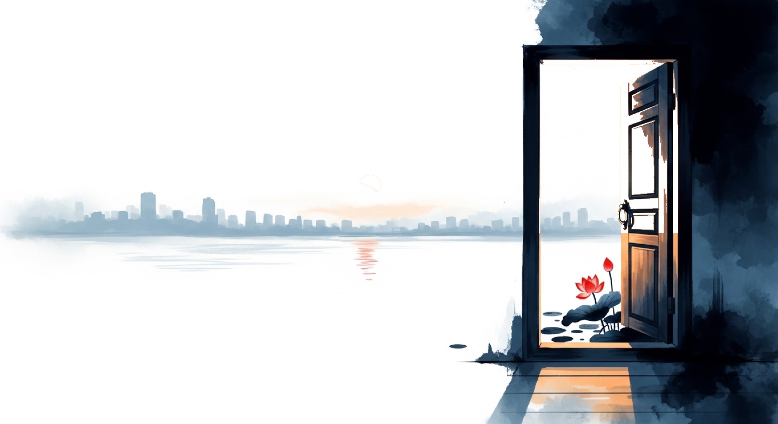 An open doorway onto the Saigon river, ink-wash