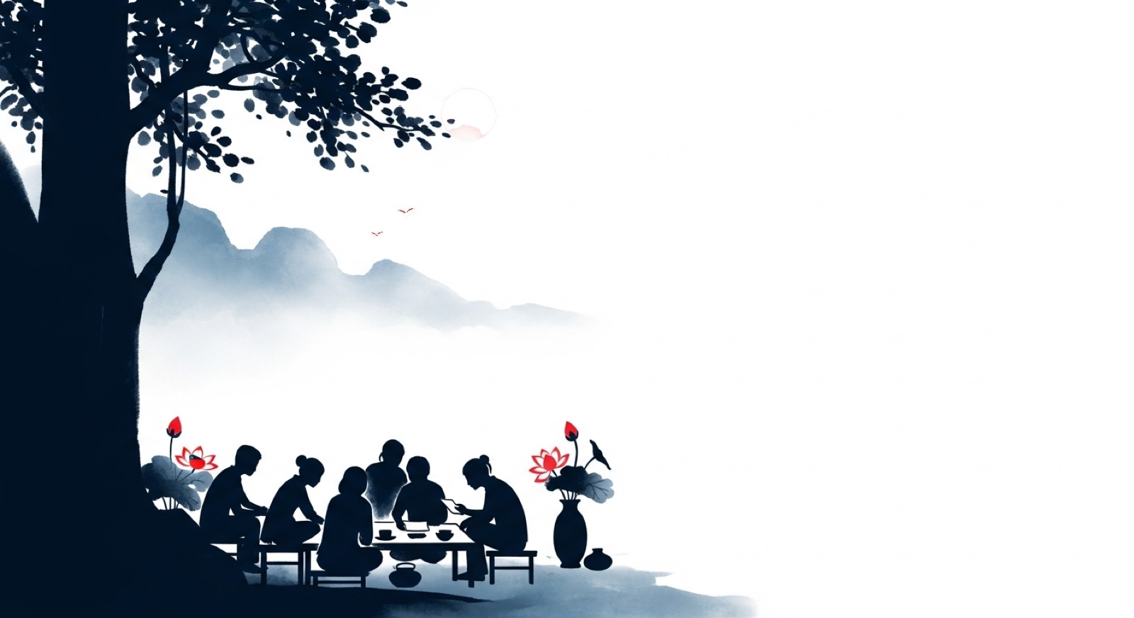 The team gathered around a table, ink-wash