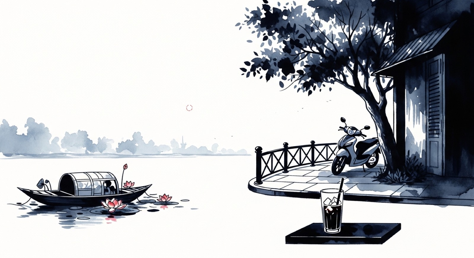 A Thao Dien riverside corner with coffee, ink-wash