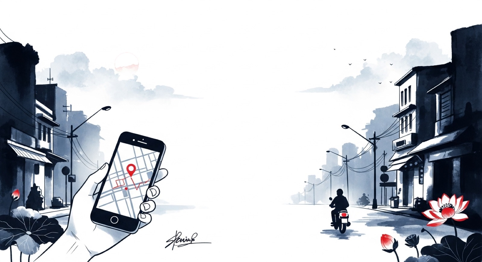 A phone showing a map of Saigon, ink-wash