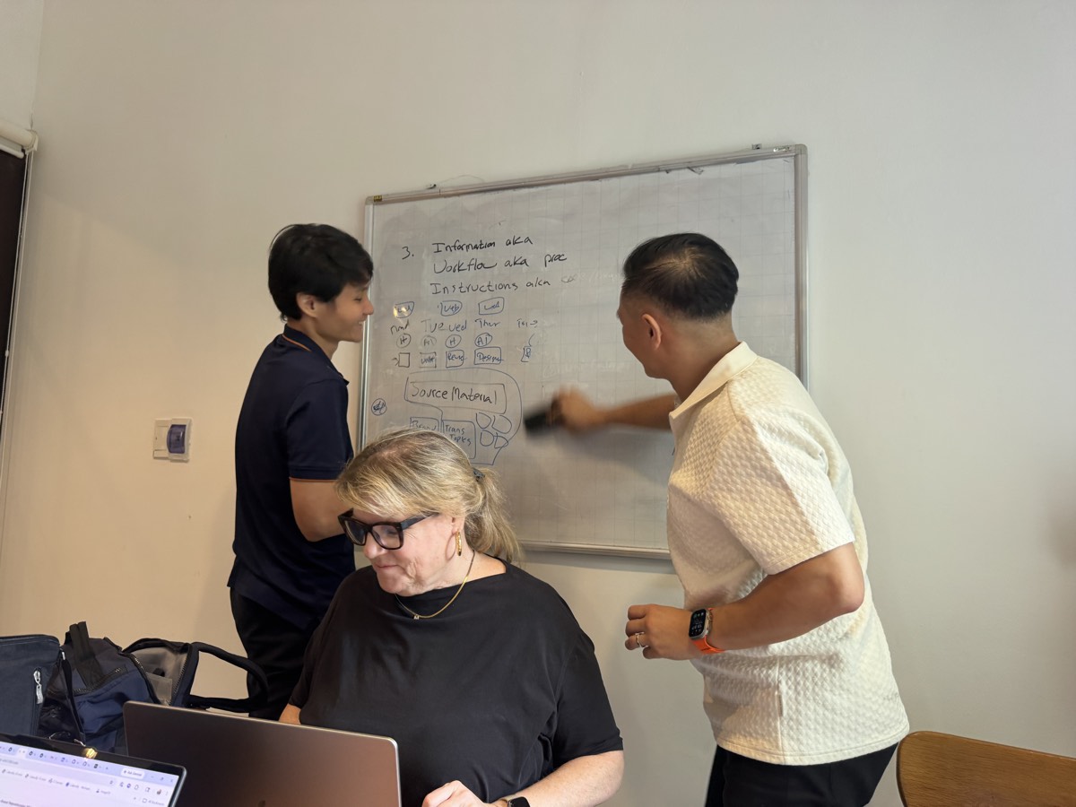 An engineer and a guest mapping a workflow on the whiteboard, the team beside them