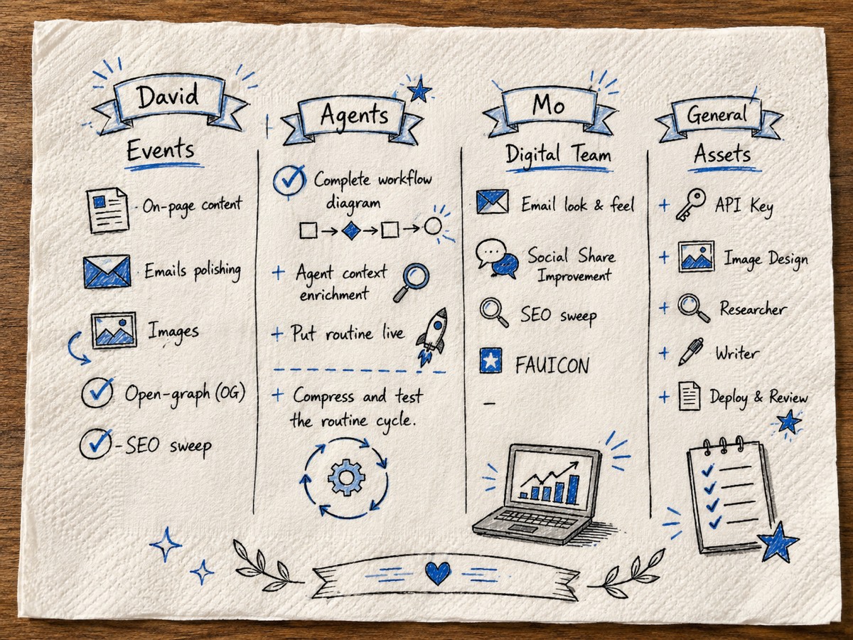 A hand-drawn plan mapping the AI team and agents to the week's work